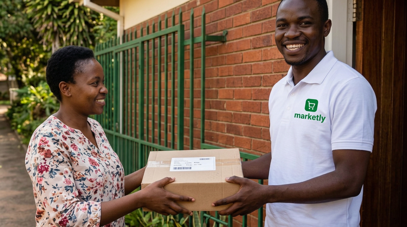 Marketly delivery worker in a white Marketly shirt handing a parcel to a customer